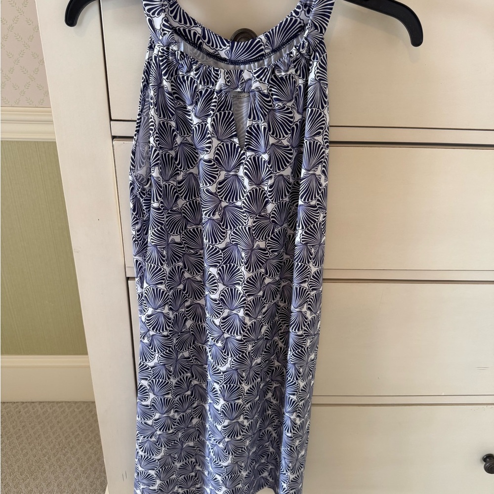 Chic Blue and White Shell Pattern Sleeveless Midi Dress/Golf/Swim